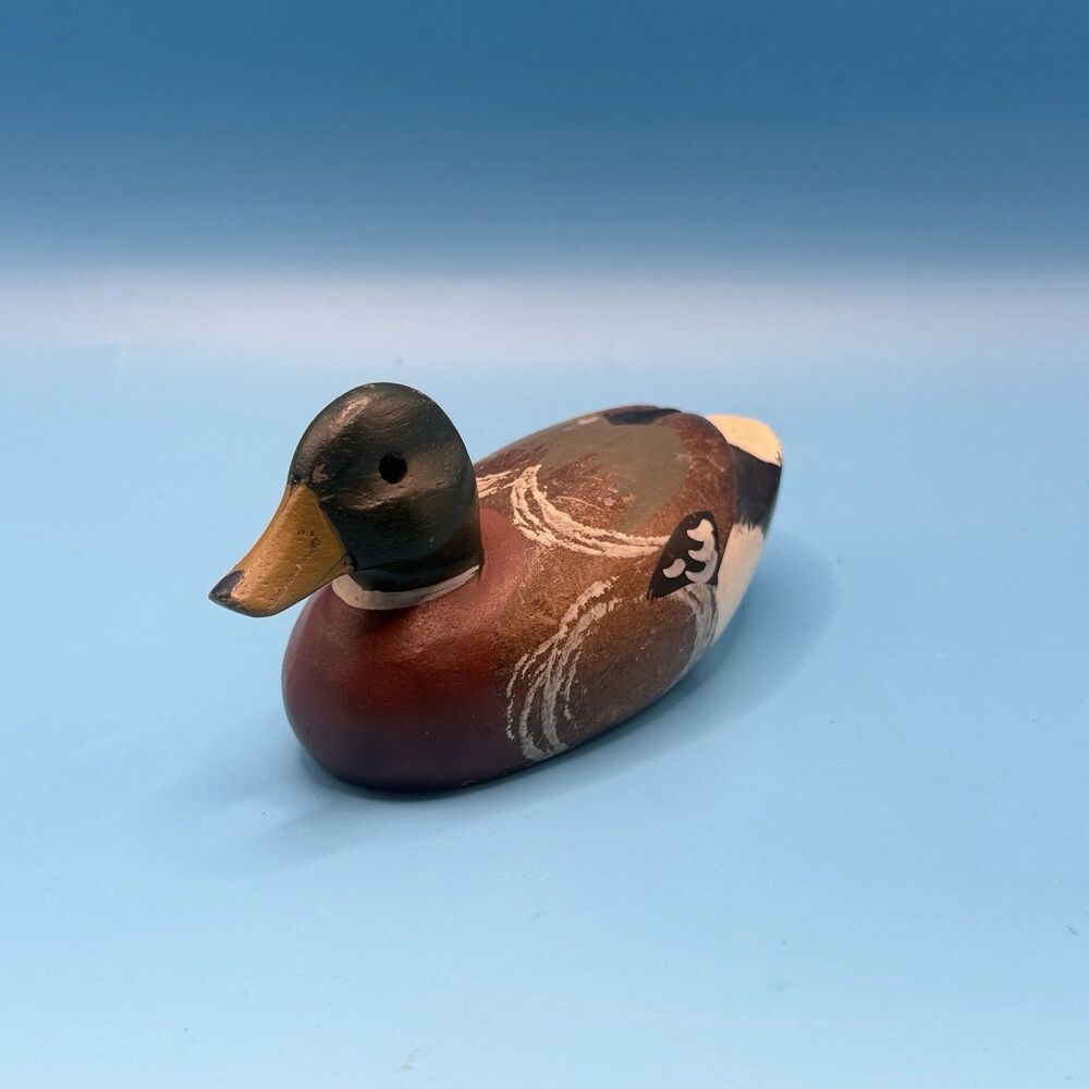 Vintage Style Wood Mallard Duck Decoy Hand Painted Miniature Folk Art 5” Decor